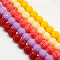 Synthetic Coral Beads Strands, Dyed, Round Beads Carved Flower Rose, Mixed Color, 14mm, Hole: 1mm, about 30pcs/strand, 15.74 inch