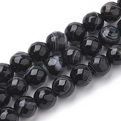 Natural Striped Agate/Banded Agate Beads Strands, Dyed, Faceted, Round, Black, 8mm, Hole: 1.2mm, about 45pcs/strand, 15.3 inch