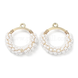 Bague en laiton avec pendentifs en perles de rocaille, beignets, blanc, 25x24x5.5mm, Trou: 1.6mm