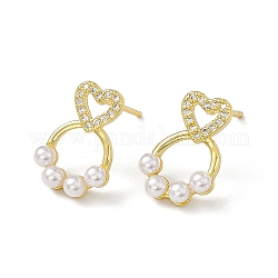 Clear Cubic Zirconia Hollow Out Heart with Bear Claw Print Stud Earrings with Plastic Pearl Beaded, Rack Plating Brass Jewelry for Women, Cadmium Free & Lead Free, Real 18K Gold Plated, 15x10.5mm, Pin: 0.7mm
