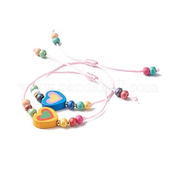 Simpatico braccialetto di perline di legno a forma di cuore per bambini, braccialetto con cordino regolabile con perline di legno colorate, perla rosa, diametro interno: 3/4~4 pollice (1.8~7.7 cm)
