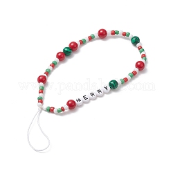 Sangles mobiles en perles de verre de noël, avec du jade mashan teint naturel et des perles de malachite synthétiques, Décoration d'accessoires mobiles en fil de nylon, mot joyeux, colorées, 19 cm