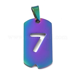 Ion Plating(IP) 304 Stainless Steel Pendants, Manual Polishing, Rectangle with Number, Rainbow Color, Num.7, 27.5x14.5x1.5mm, Hole: 3.5mm