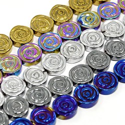 Electroplate Gorgeous Flat Round Carved Rose Non-magnetic Synthetic Hematite Beads Strands, Mixed Color, 12x4mm, Hole: 1mm,  about 34pcs/strand, 15.7 inch