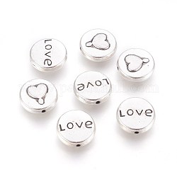Valentines Geschenk Ideen für ihre Tibet Silber Perlen, flach rund mit Herz und Wort Liebe, Antik Silber Farbe, Bleifrei und Cadmiumfrei und Nickel frei, 13x5 mm, Bohrung: 1 mm