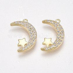 Brass Micro Pave Cubic Zirconia Pendants, Nickel Free, Real 18K Gold Plated, Moon & Star, Clear, 15.5x10x2mm, Hole: 1mm