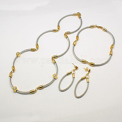 Gifts for Her Valentines 304 Stainless Steel Jewelry Sets, Necklaces, Bracelets and Ear Studs, with Brass Findings and Lobster Claw Clasps, Golden, 17.7inch, 250mm, 39mm