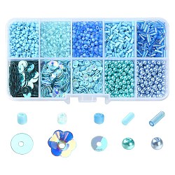 Kit de búsqueda de joyería de cuentas de diy, incluye disco y flor lentejuelas de plástico y tubo corneta de vidrio y cuentas de perlas de imitación, cielo azul profundo