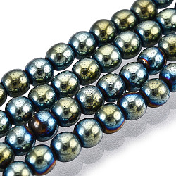 Non-magnetic Synthetic Hematite Beads Strands, Grade A, Round, Green Plated, 4mm, Hole: 1mm, about 95~100pcs/strand, 15.5 inch