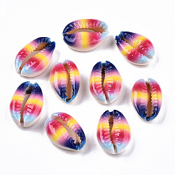Perles de coquillage cauri naturelles imprimées, pas de trous / non percés, avec motif à rayures arc-en-ciel, colorées, 18~22x13~14x6~8mm