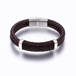 Leather Braided Cord Bracelets, 304 Stainless Steel Magnetic Clasp, Rectangle, Coconut Brown, 8-5/8 inch(22cm), 12~15x6~10mm