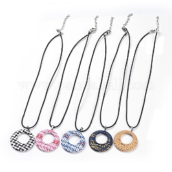 Raffia Woven Pendants Necklaces, with Cowhide Leather Cord and 304 Stainless Steel Findings, Flat Round, Mixed Color, 17.71 inch(45cm), 1.7mm