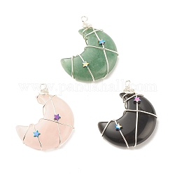 Natural & Synthetic Gemstone Pendants, with Copper Wire and Rainbow Color Star Brass Beads, Moon, Silver, 41.5~43.5x34.5~35x8.5~11mm, Hole: 3~3.5mm