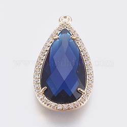 Brass Glass Pendants, with Cubic Zirconia, Faceted, teardrop, Light Gold, Blue, 27.5x14x4mm, Hole: 1.2mm