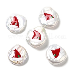 Perle keshi naturali in stile barocco, perline a tema natalizio con smalto, rotondo e piatto, colore conchiglia, cappello, 17~20x15~17x4~7mm, Foro: 0.7 mm