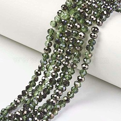 Placcare trasparente perle di vetro fili, metà nero placcato, sfaccettato, rondelle, verde oliva, 6x5mm, Foro: 1 mm, circa 85~88pcs/filo, 16.1~16.5 pollice (41~42 cm)