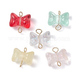 Glass Connector Charms, Bowknot Links with Metal Double Loops, Golden, 13x14.5x8mm, Hole: 1.5~3mm