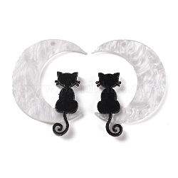 Pendentifs acryliques imprimés halloween, lune avec breloque chat, blanc, 35.5x26x2mm, Trou: 1.5mm