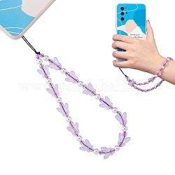 Lanière de téléphone en perles acryliques, dragonnes papillon perles lanière de téléphone portable pour femme hommes, lilas, 22 cm