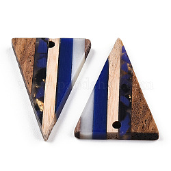 Pendentifs en résine transparente et bois de noyer, une feuille d'or, charme triangulaire, bleu foncé, 32.5x21.5x3.5mm, Trou: 2mm