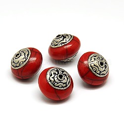 Perline di stile tibetano fatto a mnao, tailandia 925 argento sterling con turchese, rotondo e piatto, argento antico, rosso scuro, 17x14.5mm, Foro: 2 mm