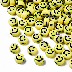 Perles acryliques artisanales opaques, plat rond avec un visage souriant, jaune, 7x3.5mm, Trou: 1.5mm