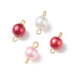 Ciondoli per connettore in vetro imitazione perla, con doppio anello di ferro placcato oro, tondo, rosso, 14x7.5mm, Foro: 1.8 mm e 2.5 mm