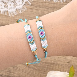 Bracelet en perles de verre tressées, Bracelet d'amitié chanceux rectangle avec mauvais œil pour femme, bleu ciel, 11 pouce (28 cm)