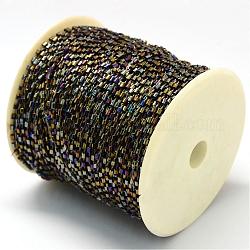 Plated Bugle Bead Cords, with Polyester Cords, with Random Color Spools and Nylon Cords, Round Hole, Dark Goldenrod, 1.5~3x1.5~2mm, about 100yards/roll(300 feet/roll)
