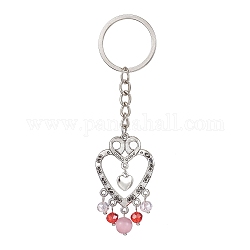 Alloy Heart & Glass Bead Pendant Keychain, with Iron Keychain Ring, Antique Silver, 10.4cm