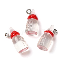 透明樹脂ペンダント  牛乳瓶のチャーム  プラチナトーンの亜鉛合金ループ付き  レッド  20x9mm  穴：2mm