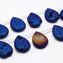 Chapelets de perles de cristal de quartz naturel électrolytique, perles percées, Druzy cristaux géode, larme, bleu plaqué, 29~30x22x8mm, Trou: 1.5mm, Environ 6 pcs/chapelet, 6.2 pouce