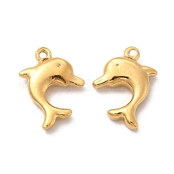 Vacuum Plating 201 Stainless Steel Pendants, Dolphin Charm, Real 18K Gold Plated, 15x13x3.5mm, Hole: 1.5mm