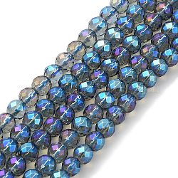 Hilos de cuentas de cristal de cuarzo sintético galvanizado., facetados, redondo, azul chapado, 8mm, agujero: 1 mm, aproximamente 46~47 pcs / cadena, 15.16''~15.35'' (38.5~39 cm)