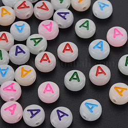 Acryl-Perlen, Leuchten im Dunkeln, mit Emaille und leuchtend, horizontales Loch, flach rund mit Alphabet, letter.a, 6.5x7x4 mm, Bohrung: 1.6 mm, ca. 3600 Stk. / 500 g