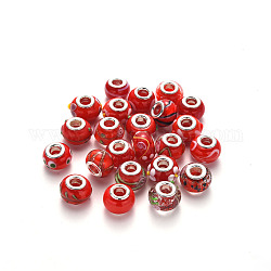 Perles européennes vernissées manuelles, perles de rondelle avec grand trou , en laiton de tonalité de platine noyaux doubles, Pattern Mix, rouge, 14~16x9~10mm, Trou: 5mm