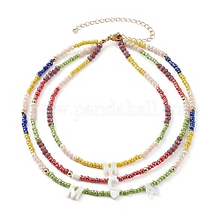 Colliers 3 couche, collier initial, perles de verre, perles de rocaille en verre et perles de lettres en coquillage naturel, or, colorées, 13.58 pouce (34.5 cm)