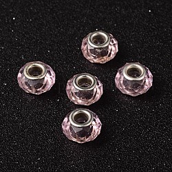 DIYのアクセサリー類のブレスレット＆ネックレス作りのためのピンクのヨーロピアンスタイルの鉄のシルバートーンのコアファセットロンデルガラス大穴ビーズ  約13 mm幅  長さ8mm  穴：5mm