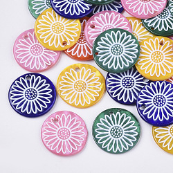 Spray Paint Freshwater Shell Pendants, Printed, Flat Round with Daisy Flower, Mixed Color, 19.5~20.5x2~3mm, Hole: 1.4~1.8mm