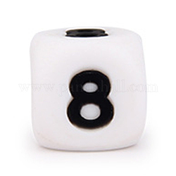 Perle di silicone, per la realizzazione di braccialetti o collane, stile numeri arabi neri, cubo bianco, num. 8, 10x10x10mm, Foro: 2 mm