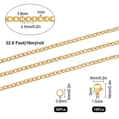 33 Feet Cuban Link Chain Necklace Making Kit Stainless Steel Cuban Link  Chains 30 Jump Rings & 10 Lobster Claw Clasps for Women DLY Bracelet  Necklace Jewelry Making, Golden 