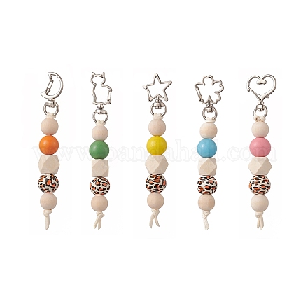Porte-clés pendentif perlé en bois cube & rond & octogone KEYC-JKC00463-1