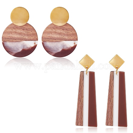 2 paires de boucles d'oreilles pendantes en forme de trapèze et de forme ronde plate en bois de noyer et en résine EJEW-SW00014-03-1