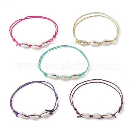 Set di cavigliere con perline intrecciate con conchiglia di ciprea naturale a 5 colori AJEW-AN00565-1