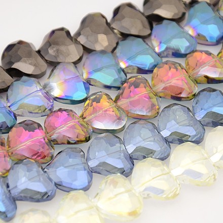 Faceted Heart Electroplate Rainbow Plated Glass Beads Strands EGLA-P010-M-1