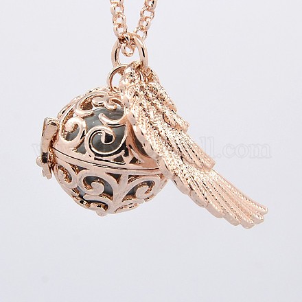Women's Rose Gold Brass Rolo Chain Cage Wing Pendant Necklaces NJEW-F053-15RG-07-1