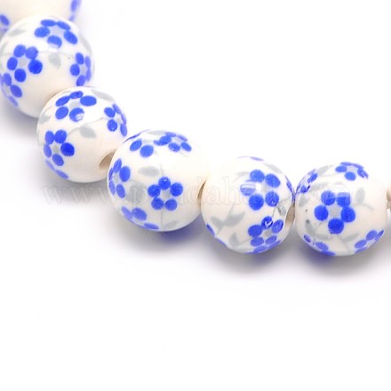 Chapelets de perles en céramique imprimées de fleurs manuelles PORC-M006-8mm-17-1