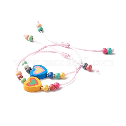 Simpatico braccialetto di perline di legno a forma di cuore per bambini BJEW-JB06753-04-1