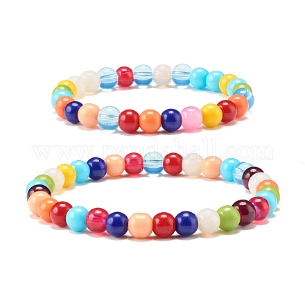 Set di braccialetti elastici con perle di vetro rotonde color caramello per bambini e genitori BJEW-JB07176-1