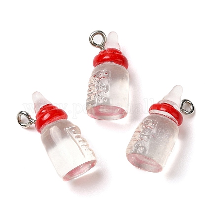 透明樹脂ペンダント  牛乳瓶のチャーム  プラチナトーンの亜鉛合金ループ付き  レッド  20x9mm  穴：2mm RESI-R440-03C-1